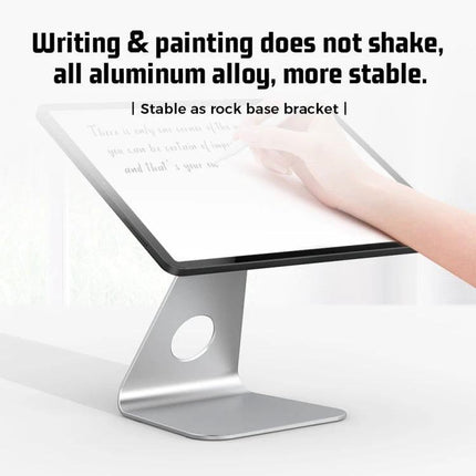 R-JUST L-shaped Magnetic Holder for Phones and Tablets on Desk showing aluminum alloy stand holding a tablet steady for writing and video calls
