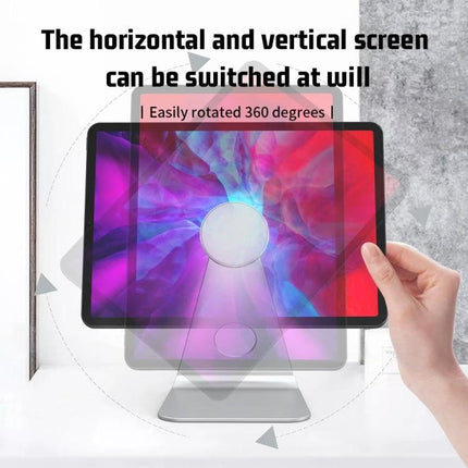 R-JUST L-shaped Magnetic Holder for Phones and Tablets on Desk showing tablet rotated 360° between landscape and portrait on a desk stand