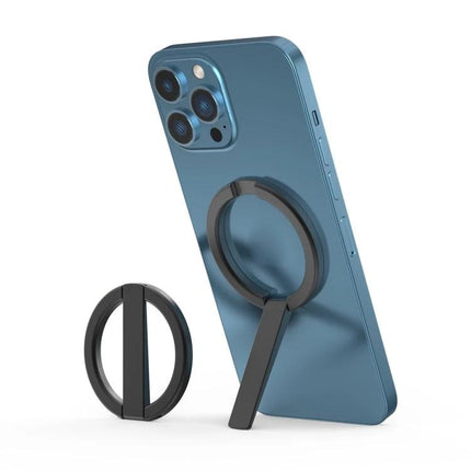 R-JUST Magnetic Phone Holder for iPhone 12 and 13 Series showing aluminum alloy magnetic ring stand mounted on blue iPhone for dashboard or desk use