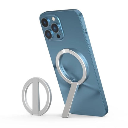 R-JUST Magnetic Phone Holder for iPhone 12 and 13 Series - aluminum alloy magnetic ring stand on blue iPhone for dashboard or desk use