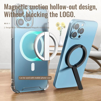 R-JUST Magnetic Phone Holder for iPhone 12 and 13 Series showing magnetic suction hollow-out design mounted on blue iPhone for hands-free desk and dash use