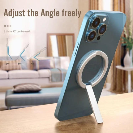 R-JUST Magnetic Phone Holder for iPhone 12 and 13 Series shown as adjustable aluminum alloy ring stand on a desk for hands-free viewing
