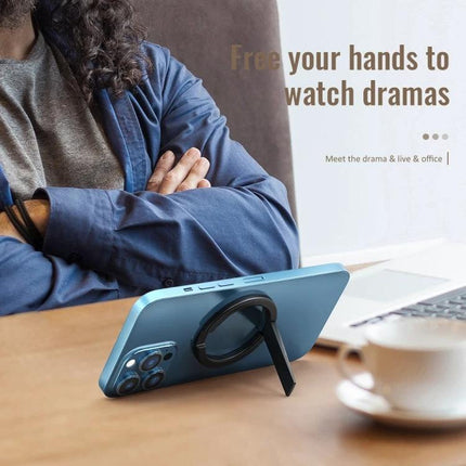 R-JUST Magnetic Phone Holder for iPhone 12 and 13 Series propped on desk showing hands-free viewing for video calls and watching dramas