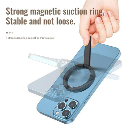 R-JUST Magnetic Phone Holder for iPhone 12 and 13 Series showing magnetic suction ring being pulled for stable hands-free mounting