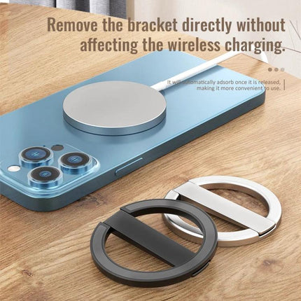 R-JUST Magnetic Phone Holder for iPhone 12 and 13 Series - aluminum alloy ring bracket shown with MagSafe charger and two color options