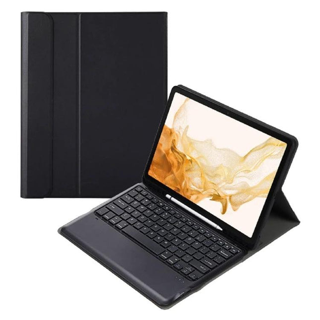 Split Bluetooth Keyboard Leather Case with Holder and Pen Slot shown with detachable wireless keyboard and tablet in typing position
