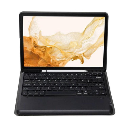 Split Bluetooth Keyboard Leather Case with Holder and Pen Slot showing tablet in case with detachable Bluetooth keyboard and pen slot