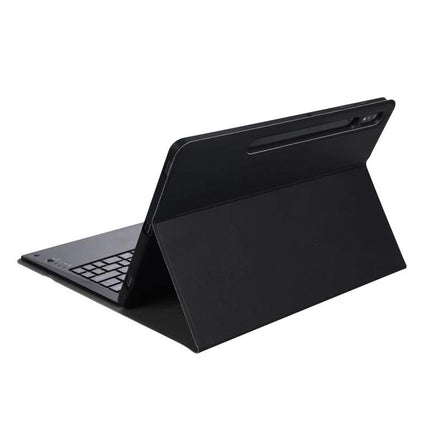 Split Bluetooth Keyboard Leather Case with Holder and Pen Slot shown with detachable keyboard in tablet stand mode
