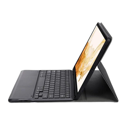 Split Bluetooth Keyboard Leather Case with Holder and Pen Slot shown attached to tablet with detachable Bluetooth keyboard and protective folio