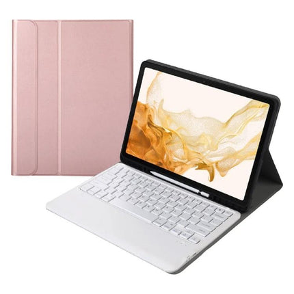 Split Bluetooth Keyboard Leather Case with Holder and Pen Slot shown with white detachable keyboard and rose gold folio cover for tablet