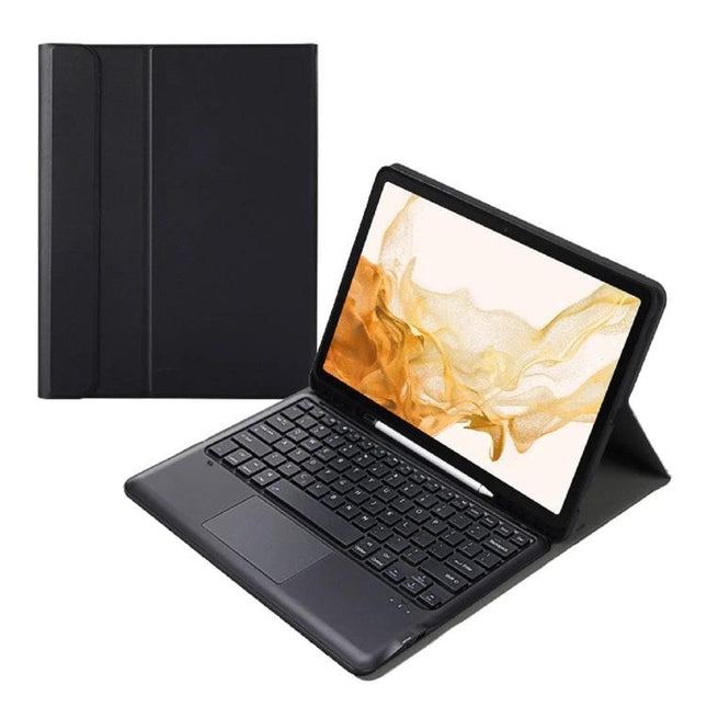 Leather Protective Case with Split Bluetooth Keyboard and Touchpad shown open with tablet in landscape, detachable split keyboard and touchpad visible