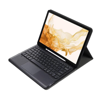 Leather Protective Case with Split Bluetooth Keyboard and Touchpad shown protecting tablet with detachable split keyboard and touchpad in typing position