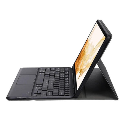 Leather Protective Case with Split Bluetooth Keyboard and Touchpad shown open with tablet in landscape, detachable split keyboard and touchpad visible