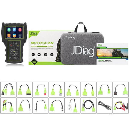 JDiag Motorcycle Diagnostic Tool for Electronic Fuel Injection Issues handheld kit showing scanner, case, cables and user manual