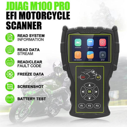 JDiag Motorcycle Diagnostic Tool for Electronic Fuel Injection Issues handheld EFI motorcycle scanner showing live data, fault codes, and service functions