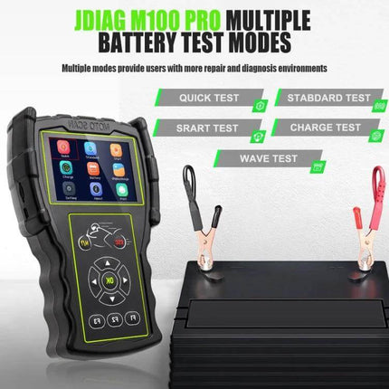 JDiag Motorcycle Diagnostic Tool for Electronic Fuel Injection Issues handheld unit next to battery with testing clamps showing multiple battery test modes