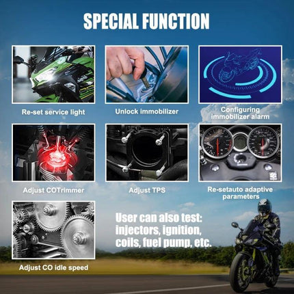 JDiag Motorcycle Diagnostic Tool for Electronic Fuel Injection Issues showing special functions like immobilizer, TPS adjustment, CO idle and live ECU data