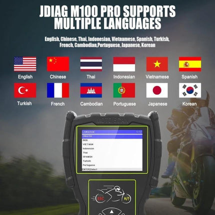 JDiag Motorcycle Diagnostic Tool for Electronic Fuel Injection Issues handheld unit showing multi-language support and flags
