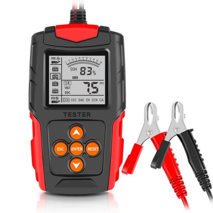 Foxsur Car Battery Tester for Everyday Vehicle Maintenance showing digital display and red/black clamp leads