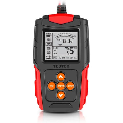 Foxsur Car Battery Tester for Everyday Vehicle Maintenance — handheld battery tester with LCD showing 83% SOH and 7.5V reading