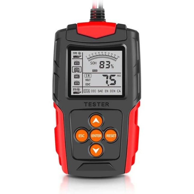 Foxsur Car Battery Tester for Everyday Vehicle Maintenance — handheld battery tester with LCD showing 83% SOH and 7.5V reading