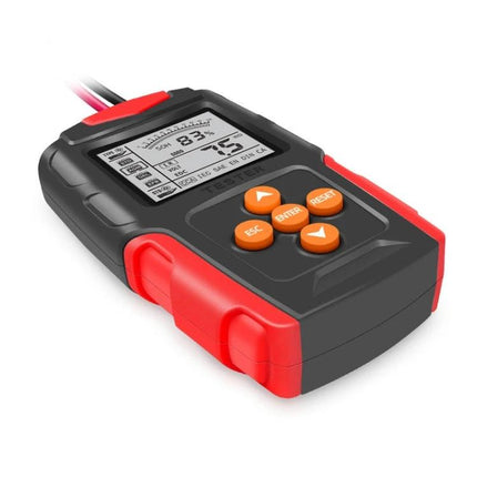 Foxsur Car Battery Tester for Everyday Vehicle Maintenance - handheld battery tester with LCD and orange buttons for routine car battery checks
