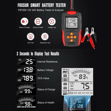 Foxsur Car Battery Tester for Everyday Vehicle Maintenance handheld battery analyzer showing voltage, CCA, internal resistance and status icons