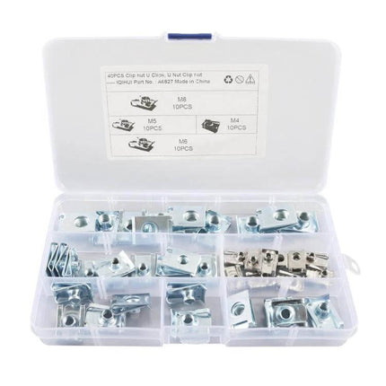 B-Shaped Clip Nut for Car and Motorcycle, Universal Fit - assortment kit in plastic organizer for trim, fenders, bumpers and decorative hardware