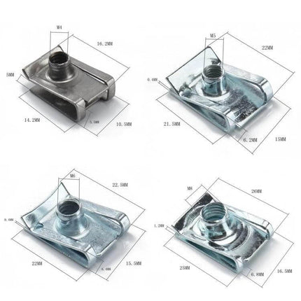 B-Shaped Clip Nut for Car and Motorcycle, Universal Fit - metal clip nut with threaded boss for securing trim panels and bumpers, multiple screw sizes shown