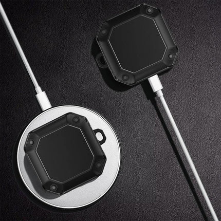 Protective Case for Earbuds with Hook for Daily Use showing black 360-degree protective case attached to wireless charger and cable