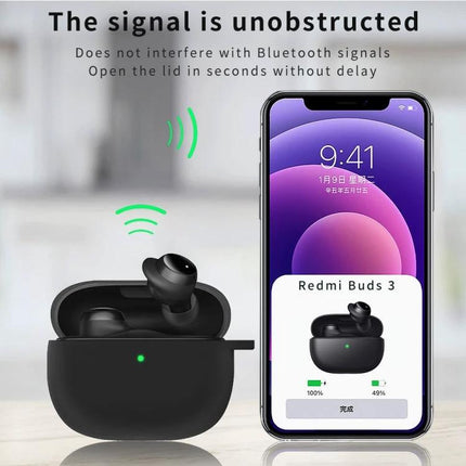A Silicone Case for Keeping Earphones Safe Daily - black silicone earbuds case with open lid showing Bluetooth signal to smartphone