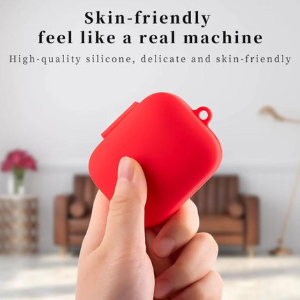 Silicone Protective Case for Boat Earphones in Daily Use - red skin-friendly silicone case held in hand, slim protective cover with charging access