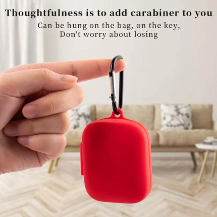 Silicone Protective Case for Boat Earphones in Daily Use - red silicone case with carabiner hanging from finger to prevent scratches and dust