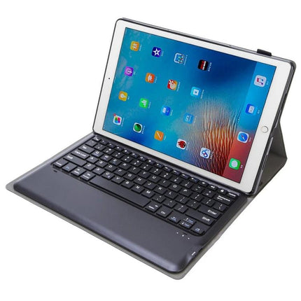 Detachable Bluetooth Keyboard Leather Case for iPad Pro 12.9 Inch showing tablet in folio stand with full magnetic keyboard for typing and protection