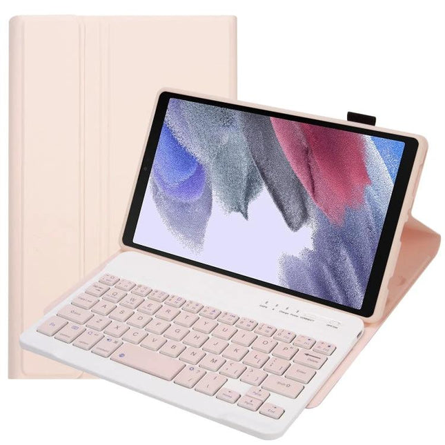 Detachable Bluetooth Keyboard Leather Case for Samsung Galaxy Tab A7 Lite shown in pink with removable Bluetooth keyboard and protective folio stand