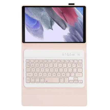 Detachable Bluetooth Keyboard Leather Case for Samsung Galaxy Tab A7 Lite in pink showing tablet attached and detachable Bluetooth keyboard