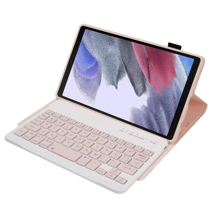 Detachable Bluetooth Keyboard Leather Case for Samsung Galaxy Tab A7 Lite in rose gold with detachable Bluetooth keyboard shown propped for typing