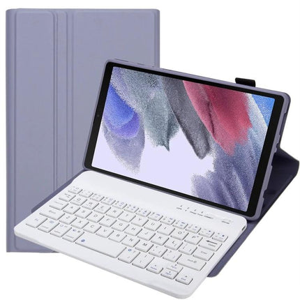 Detachable Bluetooth Keyboard Leather Case for Samsung Galaxy Tab A7 Lite shown with tablet in typing stand and detachable white Bluetooth keyboard