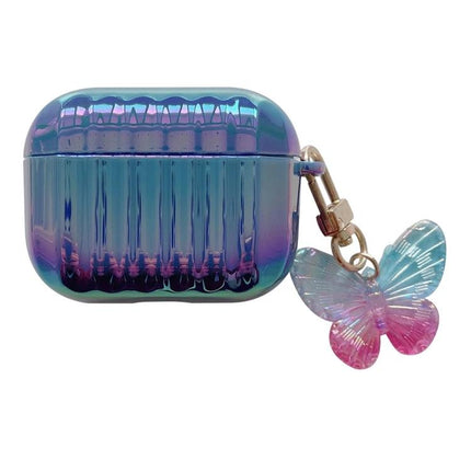 Compact Case for Protecting Earphones in Daily Routines – iridescent ribbed hard shell with butterfly charm, 360-degree protection and precise hole alignment