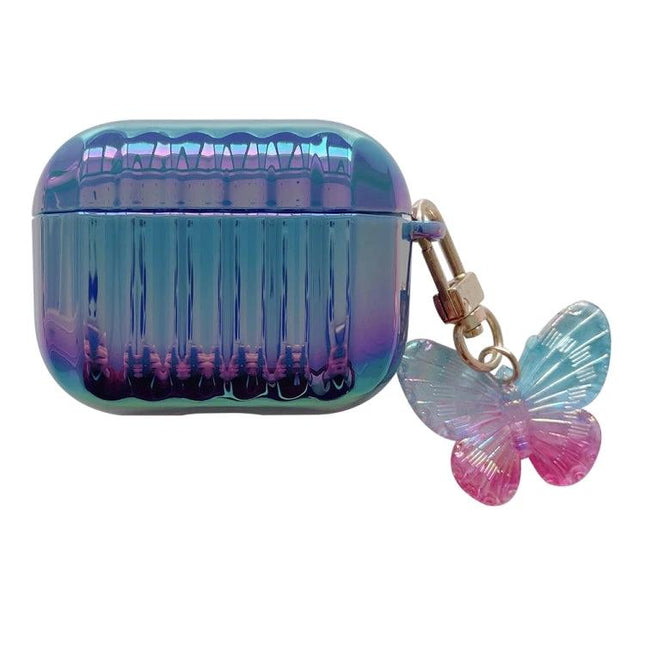 Compact Case for Protecting Earphones in Daily Routines – iridescent ribbed hard shell with butterfly charm, 360-degree protection and precise hole alignment