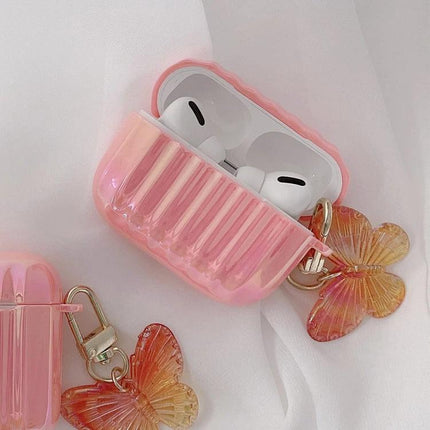 Compact Case for Protecting Earphones in Daily Routines - pink ribbed 360-degree protective case with butterfly keychain