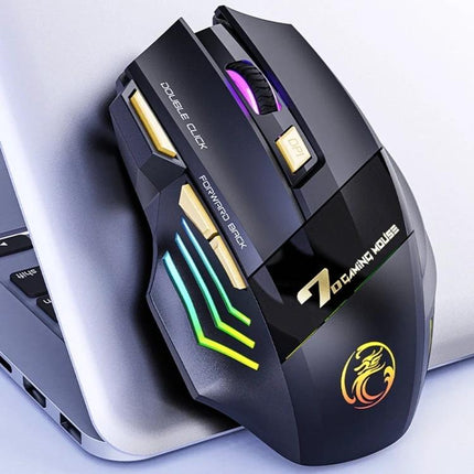 iMICE Wireless Gaming Mouse with Bluetooth and 2.4G Connectivity sleek black RGB ergonomic gaming mouse on laptop