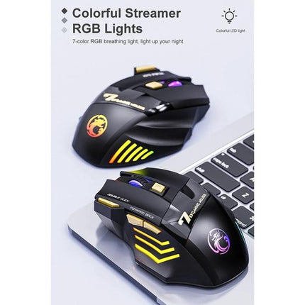 iMICE Wireless Gaming Mouse with Bluetooth and 2.4G Connectivity showing black RGB-lit gaming mouse on laptop with colorful streamer lights
