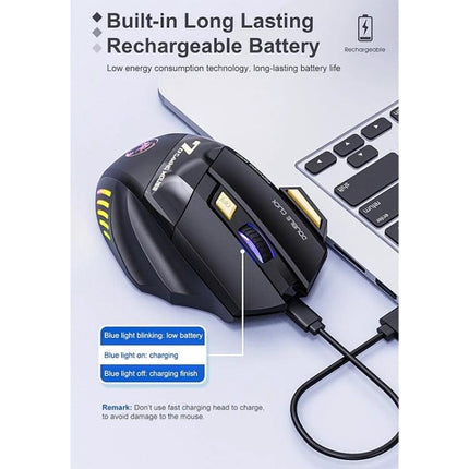 iMICE Wireless Gaming Mouse with Bluetooth and 2.4G Connectivity - black rechargeable gaming mouse beside laptop, USB-C charging cable