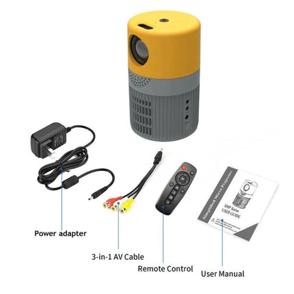 Versatile LED Mini Projector for Everyday Entertainment showing compact projector with power adapter, 3-in-1 AV cable, remote control and user manual