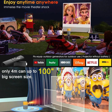 Versatile LED Mini Projector for Everyday Entertainment showing outdoor movie night with projection on 100-inch screen