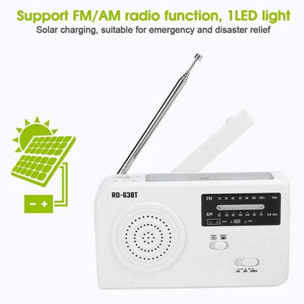 Portable Solar-Powered AM/FM Radio with Flashlight and Dynamo Charger white emergency radio with antenna, solar panel icon, and flashlight