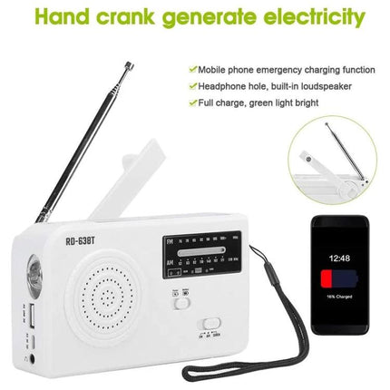 Portable Solar-Powered AM/FM Radio with Flashlight and Dynamo Charger showing hand-crank, antenna, speaker, USB phone charging and flashlight