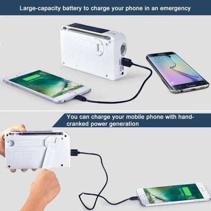 Portable Solar-Powered AM/FM Radio with Flashlight and Dynamo Charger charging two phones via USB and hand-crank in emergency