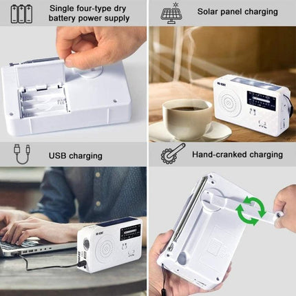 Portable Solar-Powered AM/FM Radio with Flashlight and Dynamo Charger showing solar, USB, battery and hand-crank charging options